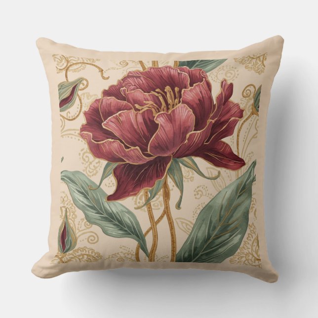 Luxurious, Maroon ,Gold Flowers Design Art  Throw Pillow (Front)