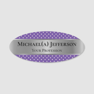 Luxurious Metallic Silver: Violet Purple Polka Dot Name Tag