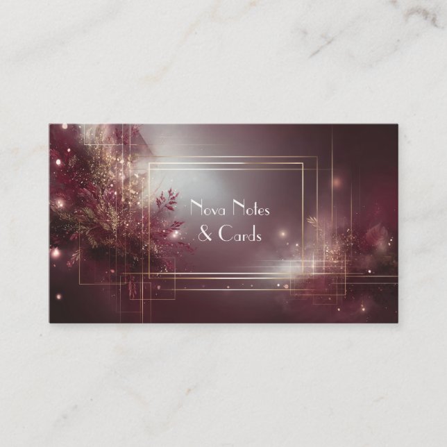 Luxurious Modern Botanical Burgundy & Gold Glitter Business Card (Front)