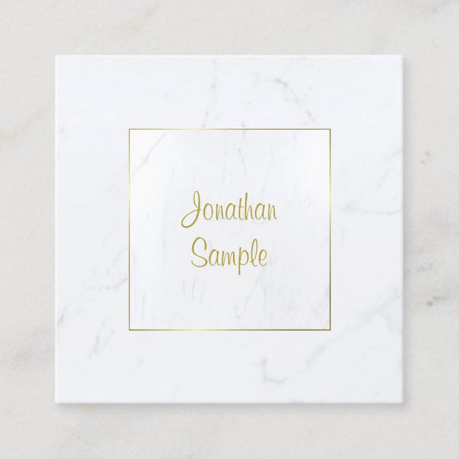 Luxurious Modern White Marble Gold Script Plain Square Business Card (Front)
