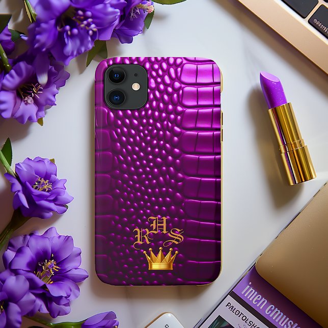 Luxurious Monogrammed Vivid Purple Faux Crocodile Case-Mate iPhone Case (Chic Monogrammed Faux Crocodile Vivid Purple Crown Emblem iPhone Case )