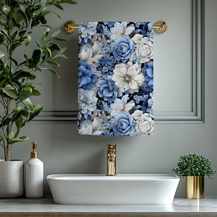 Luxurious Navy Blue Flowers Bath Towel Set