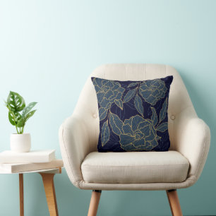 Luxurious Navy Blue Gold Flower Throw Pillow
