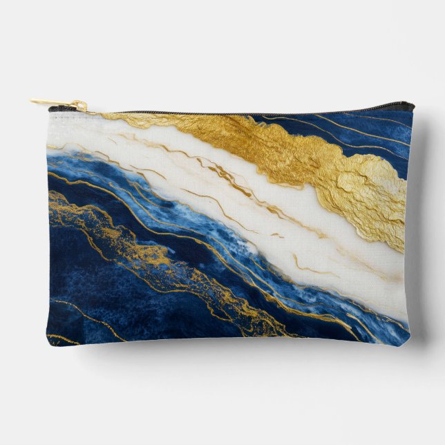 Luxurious Navy Blue & Gold Leaf Marble Accessory Pouch (Front)
