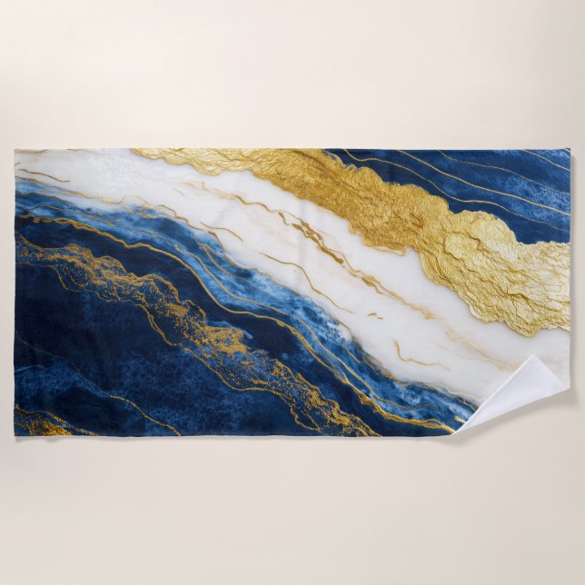 Luxurious Navy Blue & Gold Leaf Marble Beach Towel (Front)