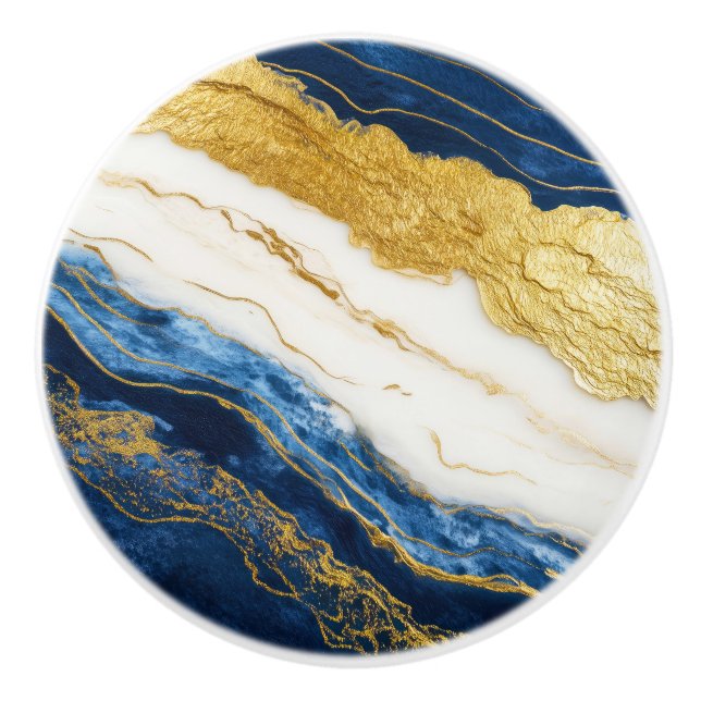 Luxurious Navy Blue & Gold Leaf Marble Ceramic Knob (Front)
