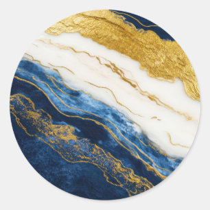 Luxurious Navy Blue & Gold Leaf Marble Classic Round Sticker