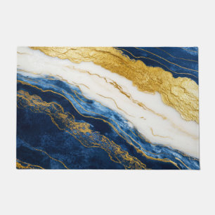Luxurious Navy Blue & Gold Leaf Marble Doormat