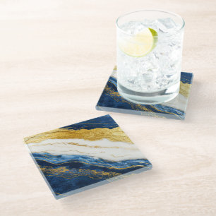 Luxurious Navy Blue & Gold Leaf Marble Glass Coaster
