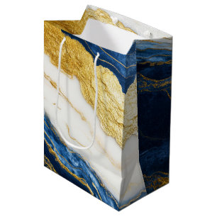 Luxurious Navy Blue & Gold Leaf Marble Medium Gift Bag