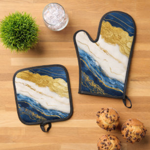 Luxurious Navy Blue & Gold Leaf Marble Oven Mitt & Pot Holder Set
