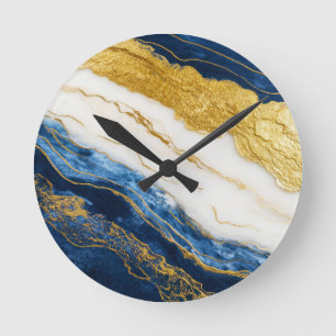 Luxurious Navy Blue & Gold Leaf Marble Round Clock