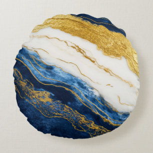 Luxurious Navy Blue & Gold Leaf Marble Round Pillow