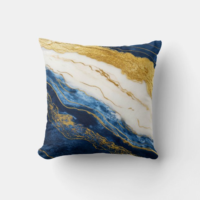 Luxurious Navy Blue & Gold Leaf Marble Throw Pillow (Front)