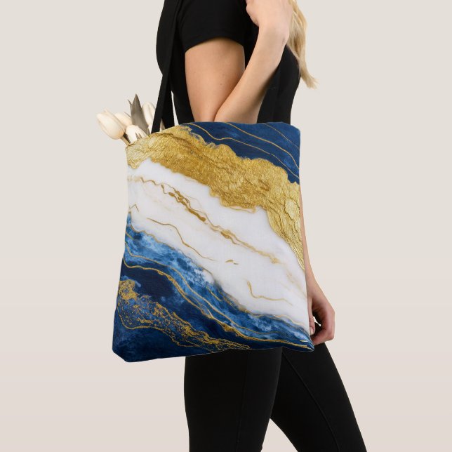 Luxurious Navy Blue & Gold Leaf Marble Tote Bag (Close Up)