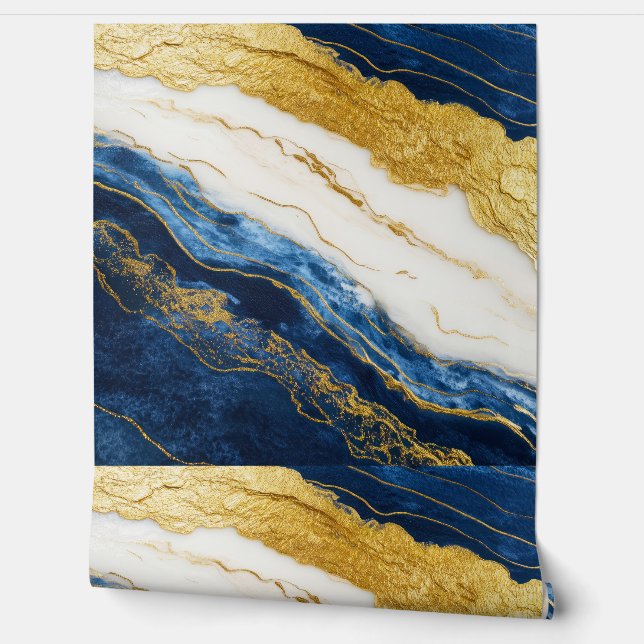 Luxurious Navy Blue & Gold Leaf Marble Wallpaper (Unrolling)