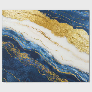 Luxurious Navy Blue & Gold Leaf Marble Wrapping Paper