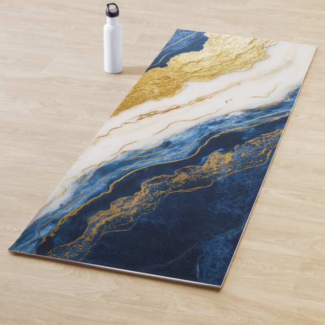 Luxurious Navy Blue & Gold Leaf Marble Yoga Mat (In Situ)