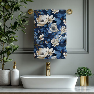Luxurious Navy Blue Ivory Gold Flowers Towel