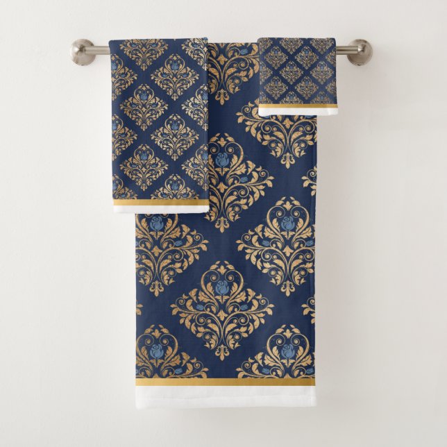 LUXURIOUS NAVY GOLD TRIM  HAMPTON TOWEL SET (Insitu)