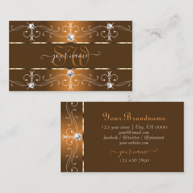 Luxurious Orange and Brown Ornate Borders Monogram Business Card (Front/Back)