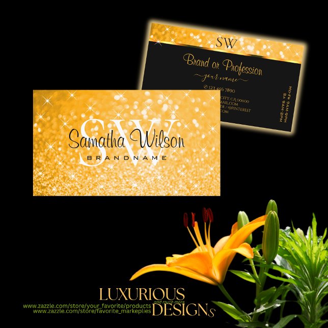 Luxurious Orange Glitter Luminous Stars Initials Business Card (Creator Uploaded)
