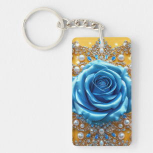 Luxurious Ornamental Blue Rose with Diamond Keychain