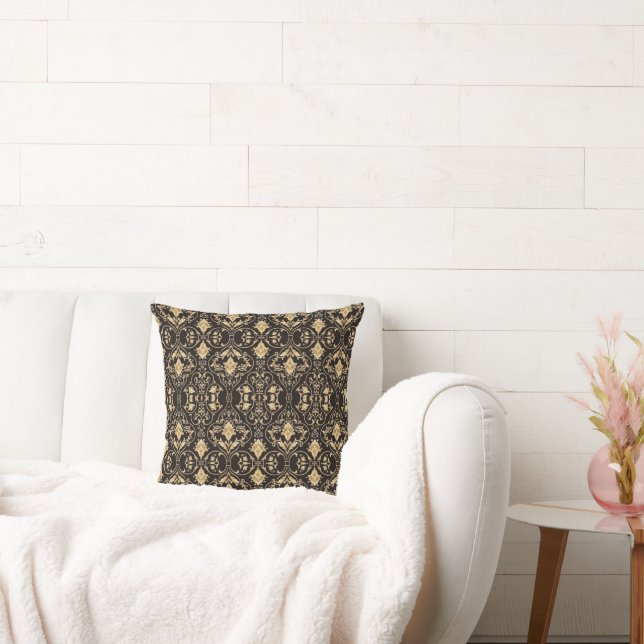 Luxurious Pattern Black Coloured Printed Throw Pillow (Couch)