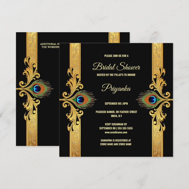 Luxurious peacock feather frame gold black elegant holiday card (Front/Back)