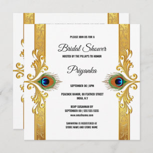 Luxurious peacock feather frame gold white elegant holiday card