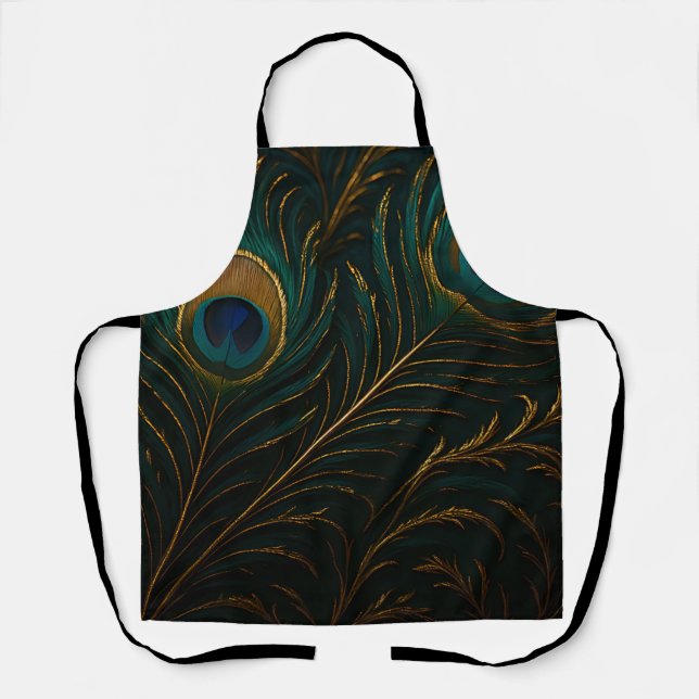 Luxurious Peacock Feathers Golden Teal Pattern Apron (Front)