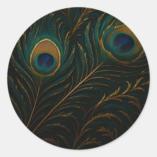 Luxurious Peacock Feathers Golden Teal Pattern Classic Round Sticker (Front)
