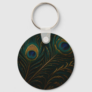Luxurious Peacock Feathers Golden Teal Pattern Keychain