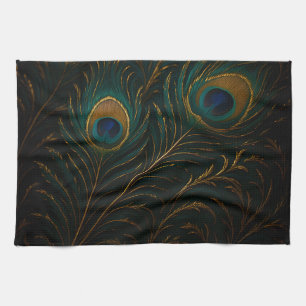 Luxurious Peacock Feathers Golden Teal Pattern Kitchen Towel