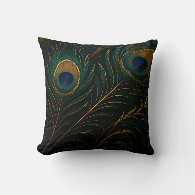 Luxurious Peacock Feathers Golden Teal Pattern Throw Pillow (Front)