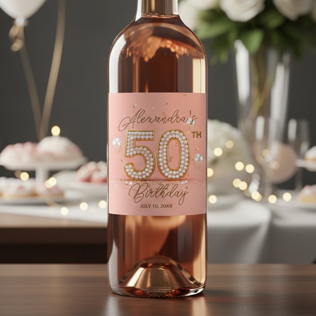 Luxurious Pearl Soft Pink Gold 50th Birthday  Wine Label (Creator Uploaded)
