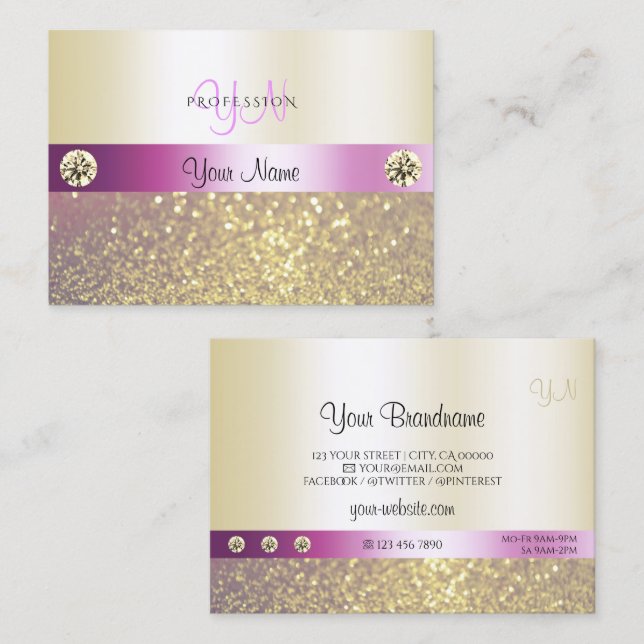 Luxurious Pink and Gold Shimmery Glitter Monogram Business Card (Front/Back)