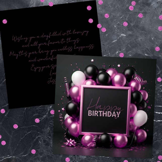 Luxurious Pink Black Balloons Streamers Birthday  Card (Creator Uploaded)