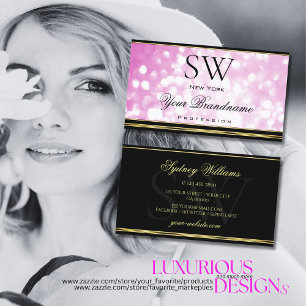 Luxurious Pink Glitter Black Gold Border Monogram  Business Card