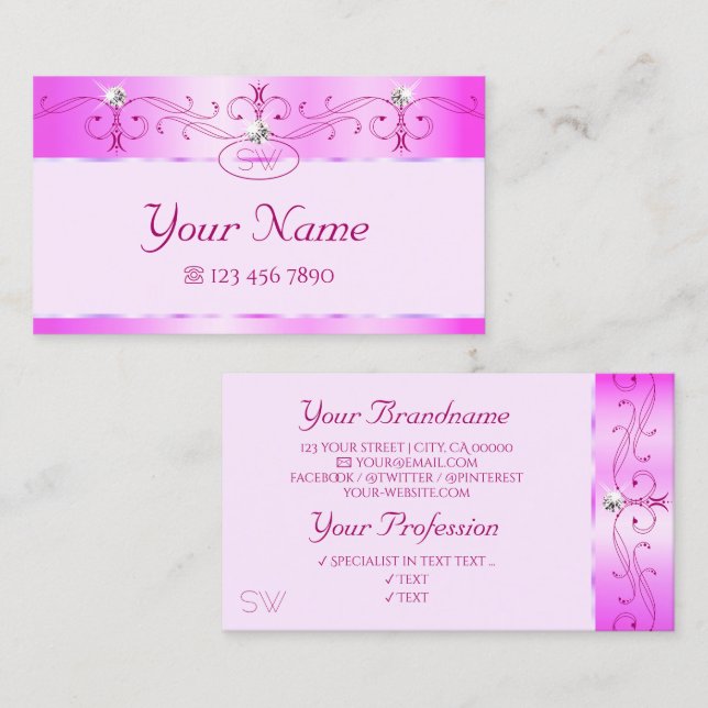 Luxurious Pink Ornate Sparkling Diamonds Monogram Business Card (Front/Back)