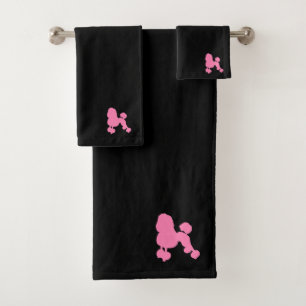 LUXURIOUS PINK POODLE DOG ON BLACK Plush Bath Towel Set