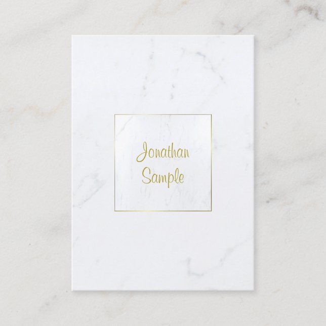 Luxurious Plain Elegant White Marble Gold Script Business Card (Front)