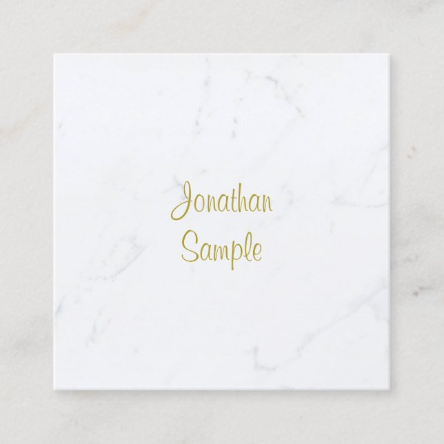 Luxurious Plain Elegant White Marble Gold Script Square Business Card (Front)