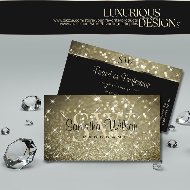 Luxurious Platinum Glitter Luminous Stars Monogram Business Card (Creator Uploaded)
