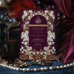 Luxurious Plum Burgundy and Gold Islamic Wedding Invitation<br><div class="desc">Celebrate the union of tradition and elegance with this luxurious wedding invitation, perfect for couples seeking to honour their cultural heritage while making a sophisticated statement. The front showcases a deep burgundy background, beautifully juxtaposed with opulent gold floral and vine motifs that wrap around the archway framing the central Islamic...</div>