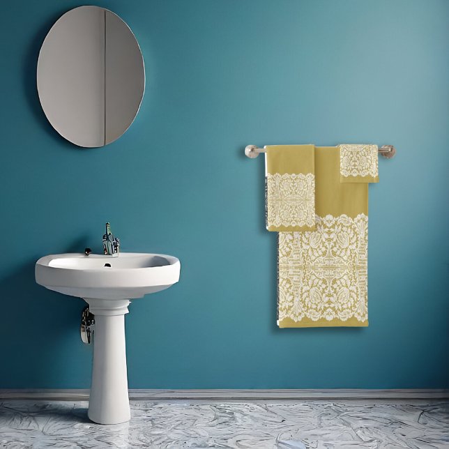 LUXURIOUS PURE WHITE Lace on GOLD GRADIENT Bath Towel Set (Creator Uploaded)