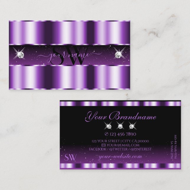 Luxurious Purple Black Sparkling Diamonds Initials Business Card (Front/Back)
