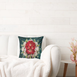 Luxurious Red Amaryllis Floral Throw Pillow Cover