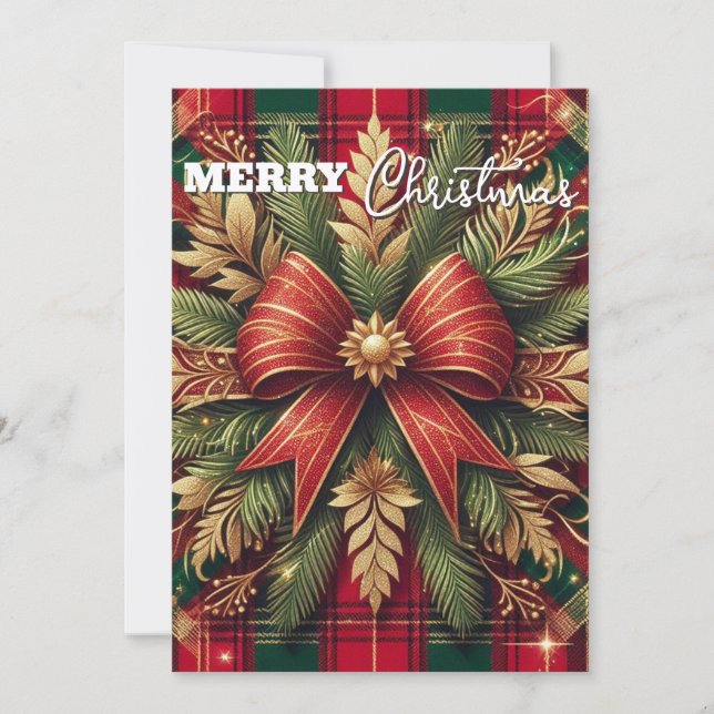 Luxurious Red and Green Plaid Festive Gold Accents Holiday Card (Front)