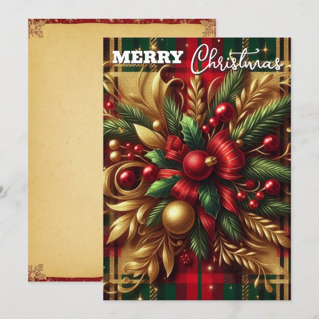 Luxurious Red and Green Plaid Festive Gold Accents Holiday Card (Front/Back)